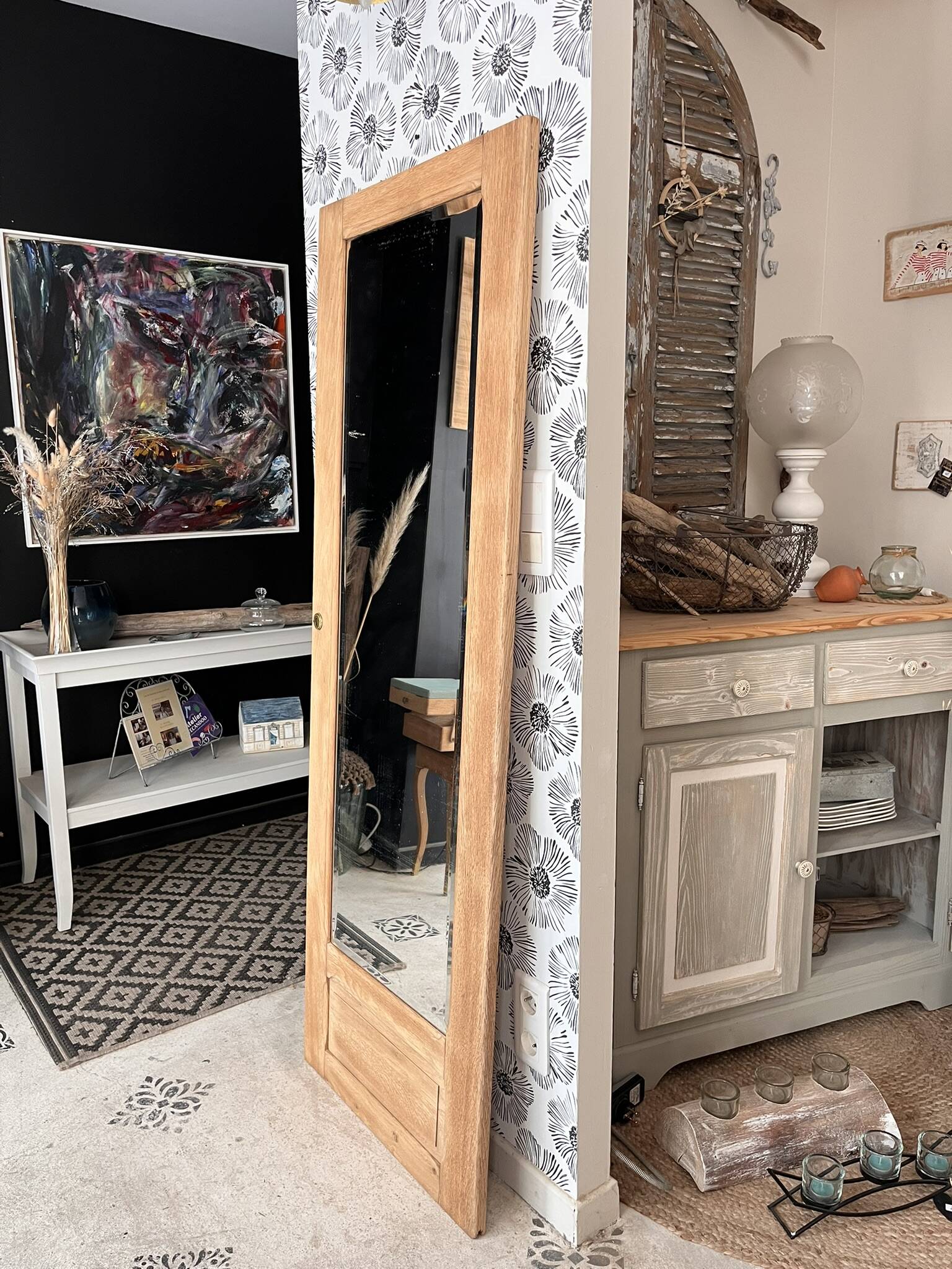 Vintage Art Deco bevelled wardrobe door, solid oak, Azalée.