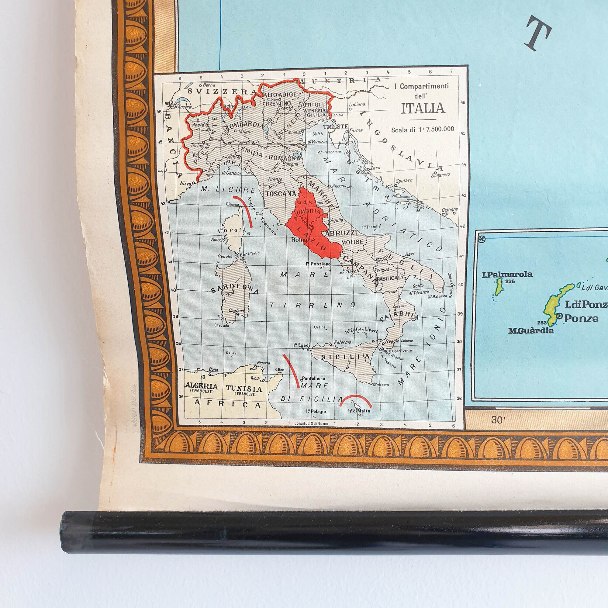 Vintage school map of Lazio and Umbria in Italy