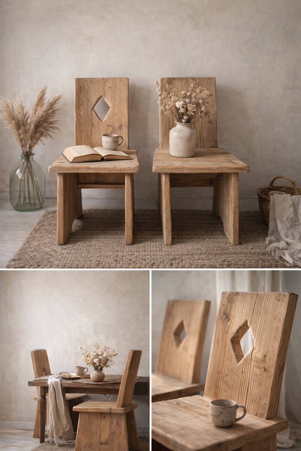 2 vintage chairs in brutalist style made of pitch pine with a waxed finish.