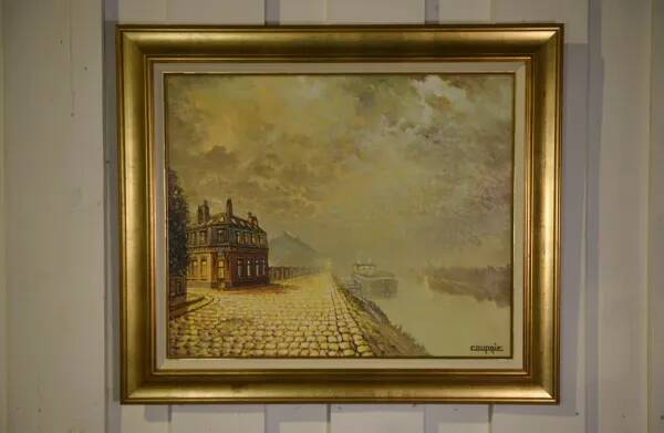 Oil on canvas expressionist figurative painting "Along the Canal" by Jean-Pierre Couprie 1980