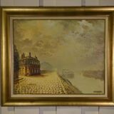 Oil on canvas expressionist figurative painting "Along the Canal" by Jean-Pierre Couprie 1980