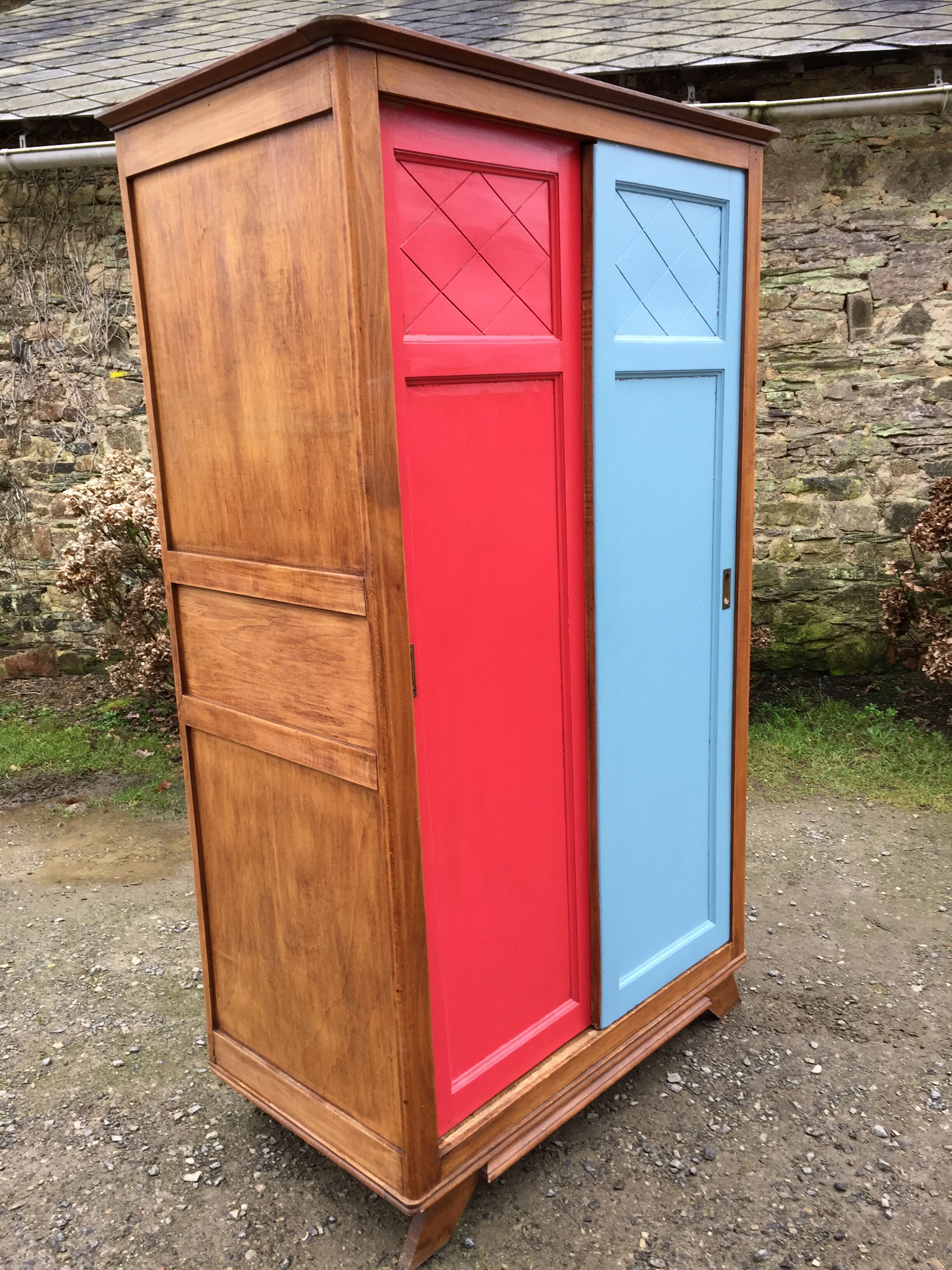 Vintage oak compass foot cabinet with 2 sliding doors painted red and blue