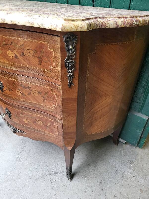 CURVED MARQUETRY CHEST WITH MARBLE TOP 3 ROSEWOOD DRAWERS