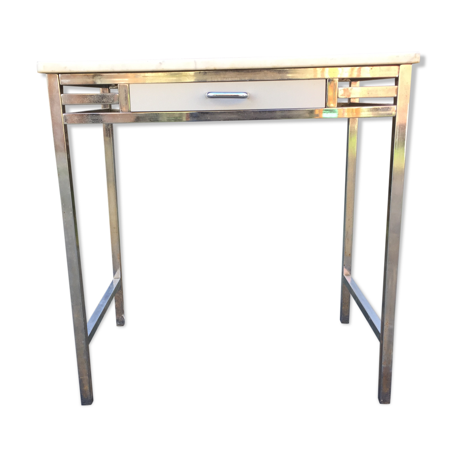 Vintage table with square chrome tubular metal base and marble top.