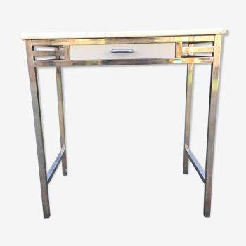 Vintage table with square chrome tubular metal base and marble top.