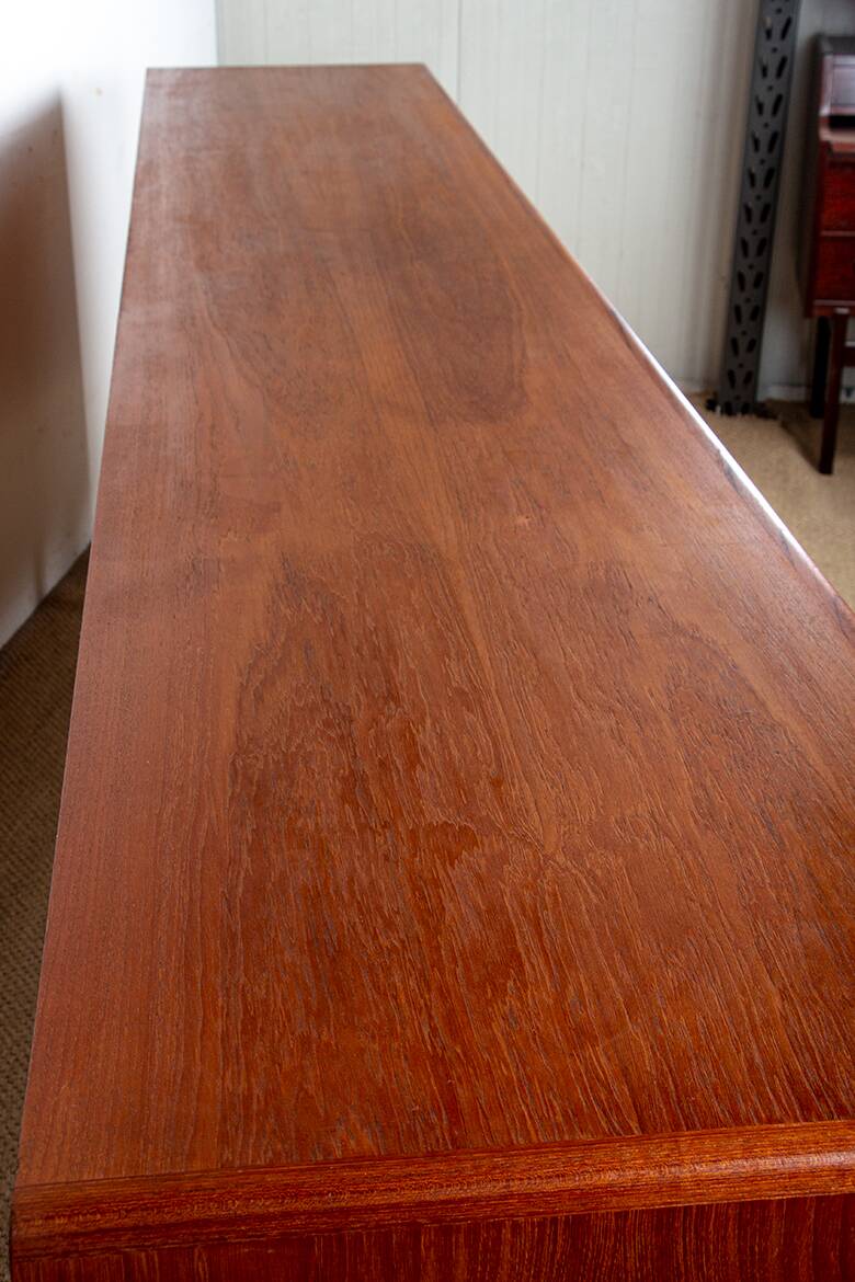 Extra long Danish sideboard, teak, oak, leatherette, 280 cm, Arne Hovmand-Olsen