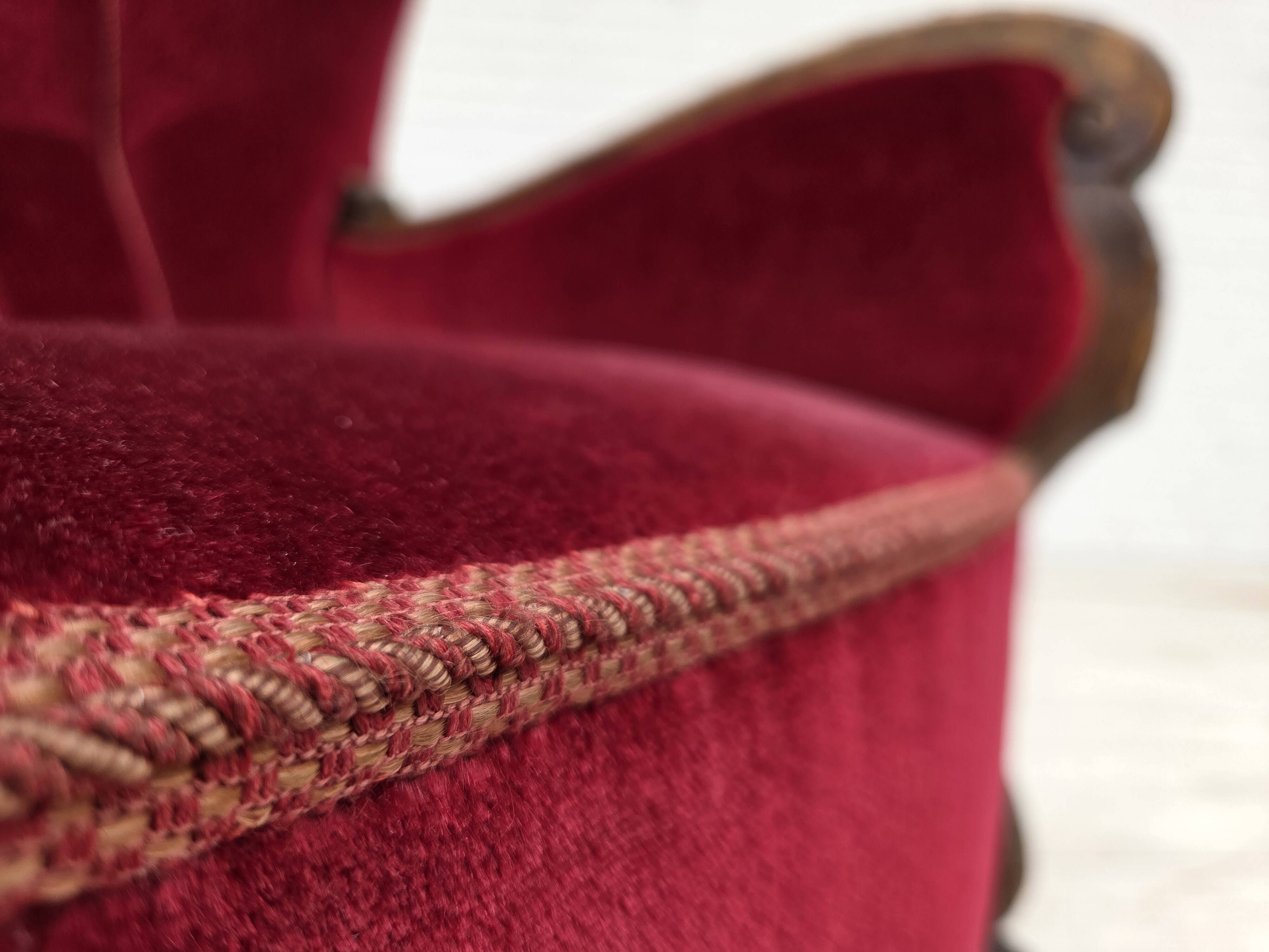 1960s, Danish relax chair, cherry-red furniture velour, oak wood.