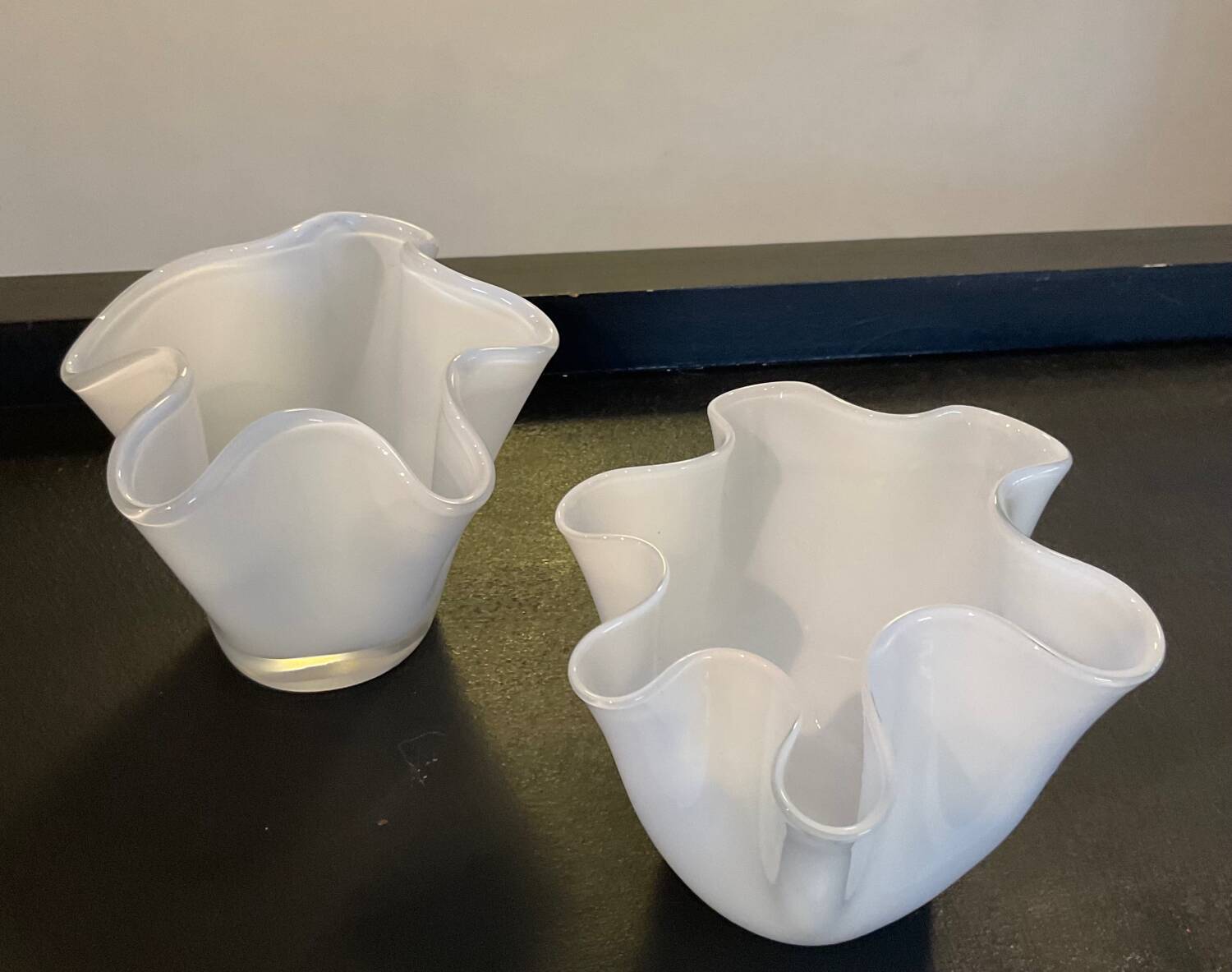 Duo of vintage handkerchief vases in glass paste