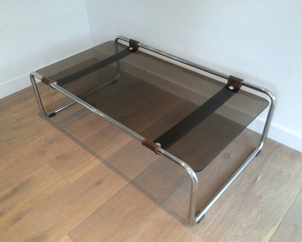Coffee table in chrome, leather, and smoked glass