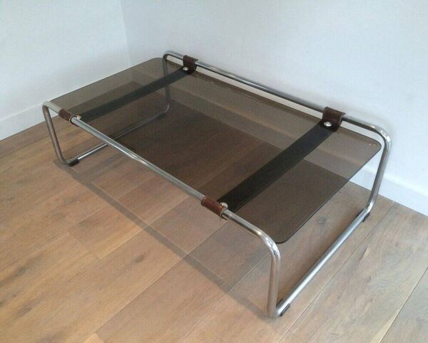 Table basse en chrome, cuir et verre fumé