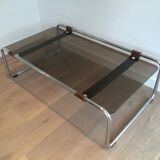 Coffee table in chrome, leather, and smoked glass
