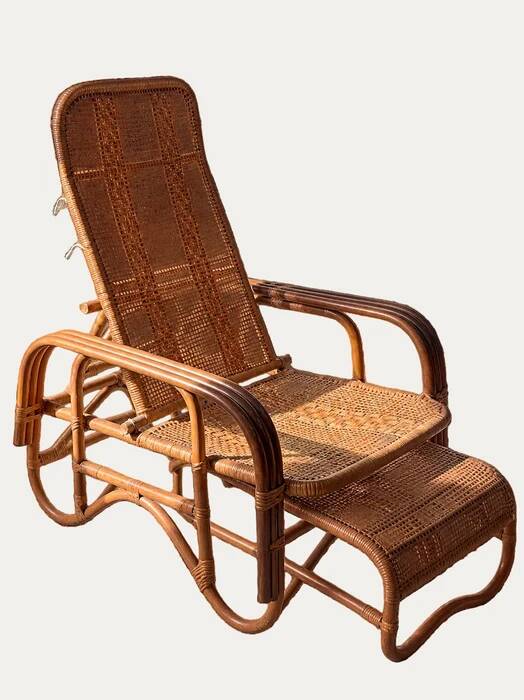 Mid-century adjustable rattan lounge chair with retractable footrest, Japan