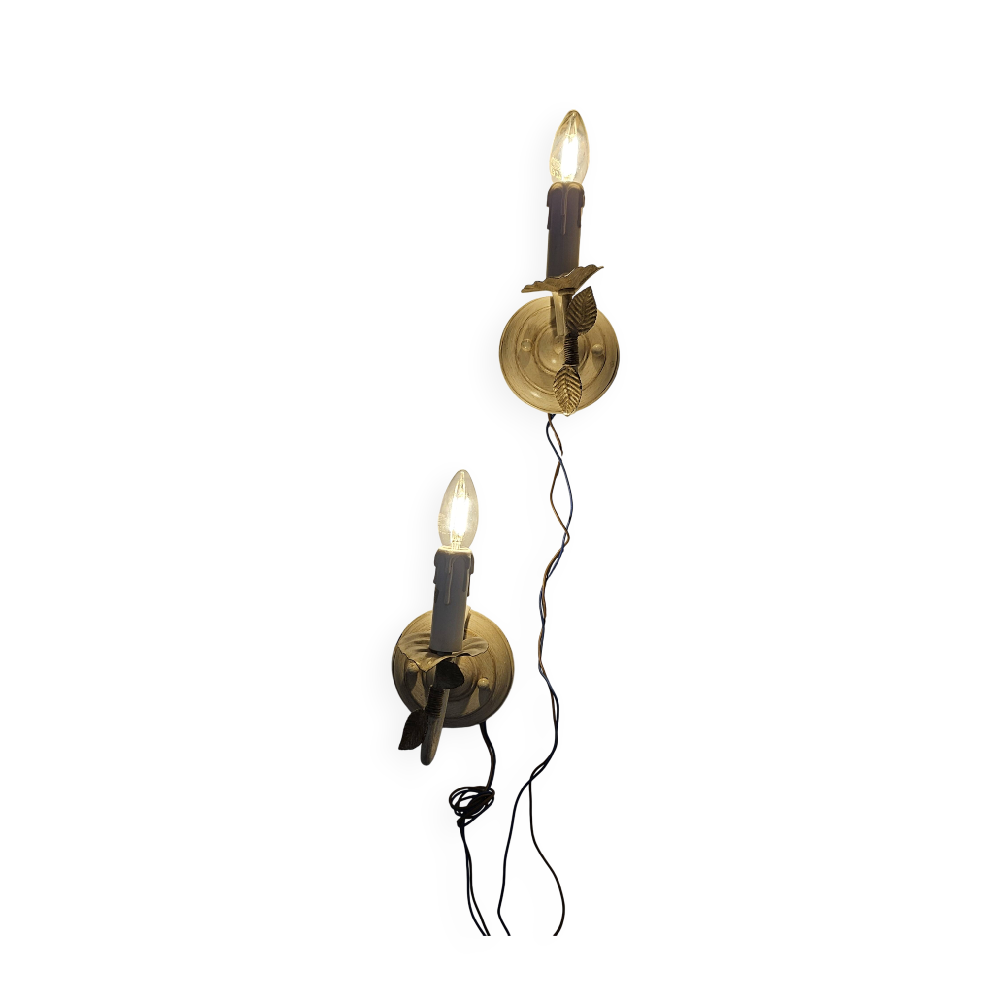 Pair of cream patinated metal wall sconces with floral decoration.