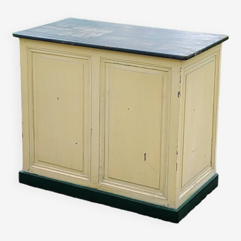 Late 19th century grocery counter in green and yellow patina painted wood