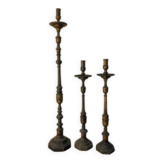 3 candle holders in brass and gilded bronze from the 18th century