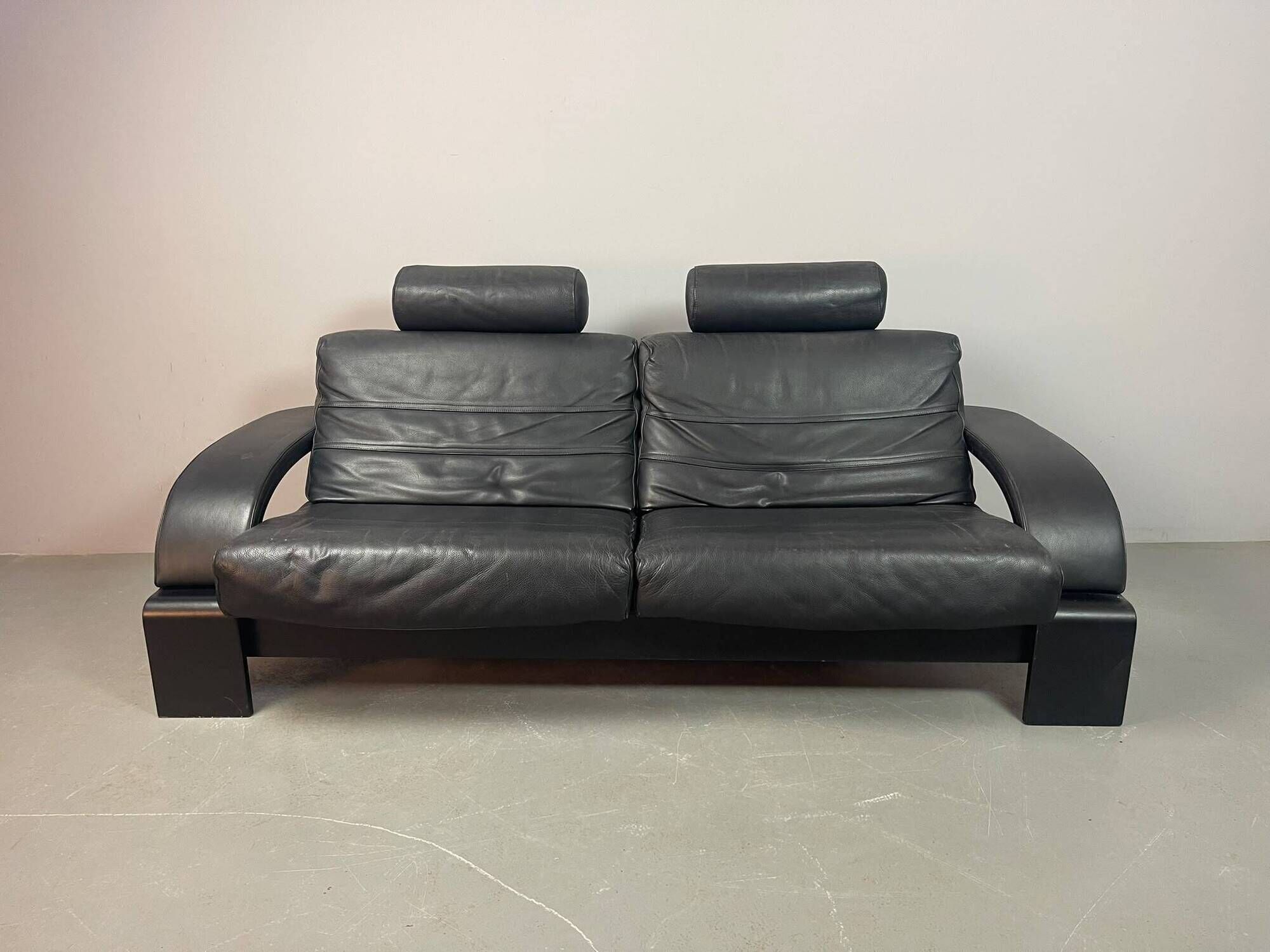 Black Leather Ake Fribytter “Kroken” Two-Seater Sofa for Nelo Möbel. Sweden