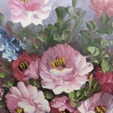 Peinture à l’huile vintage encadrée de fleurs par T. Hansen