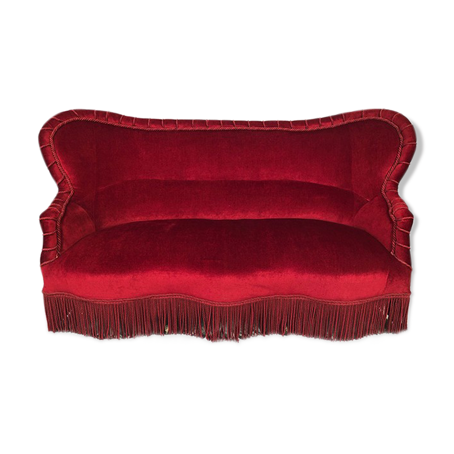 Napoleon III confidant sofa, red velvet trim redone