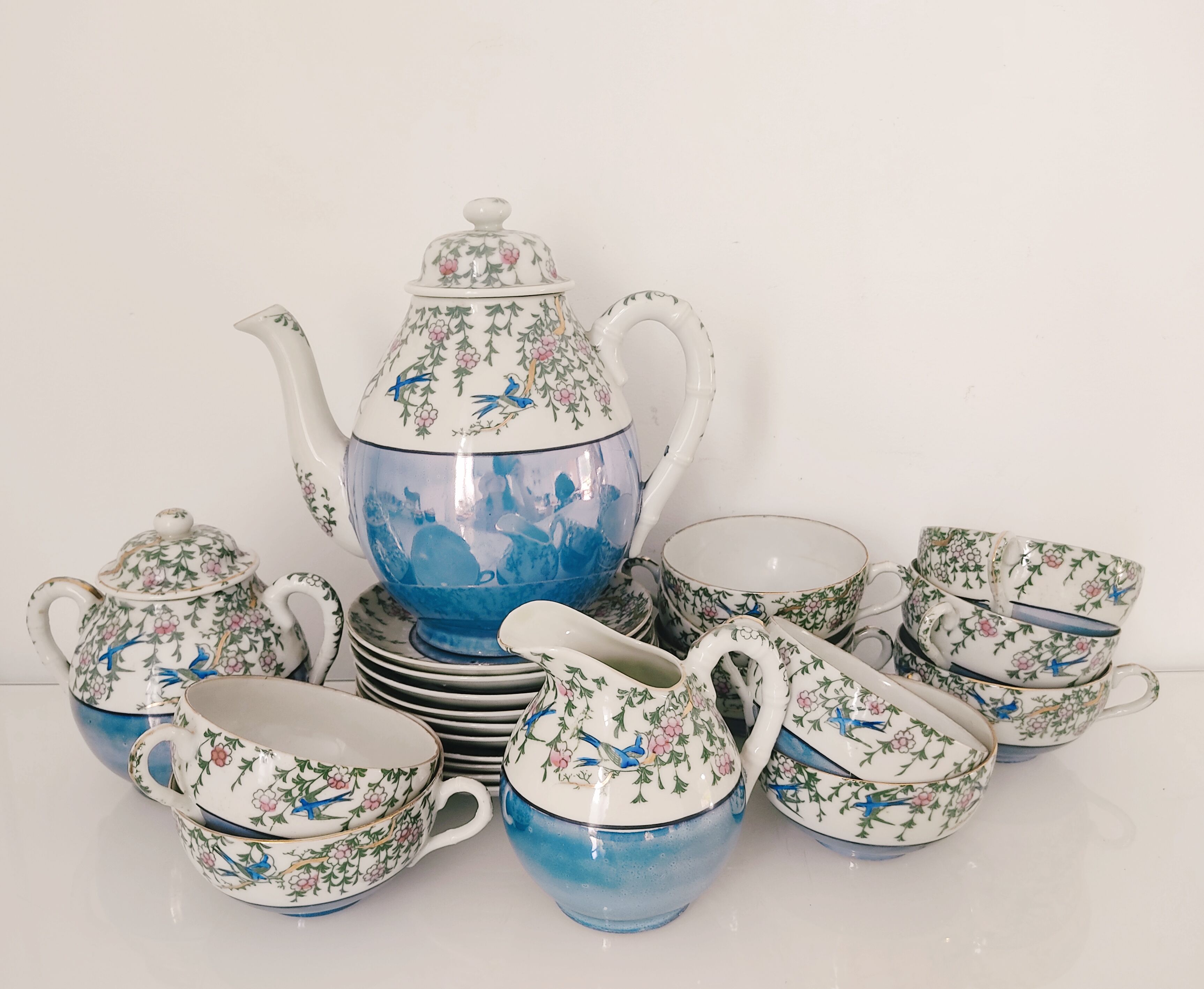 Japanese coffee set 10 cups, milk jar, sugar pot