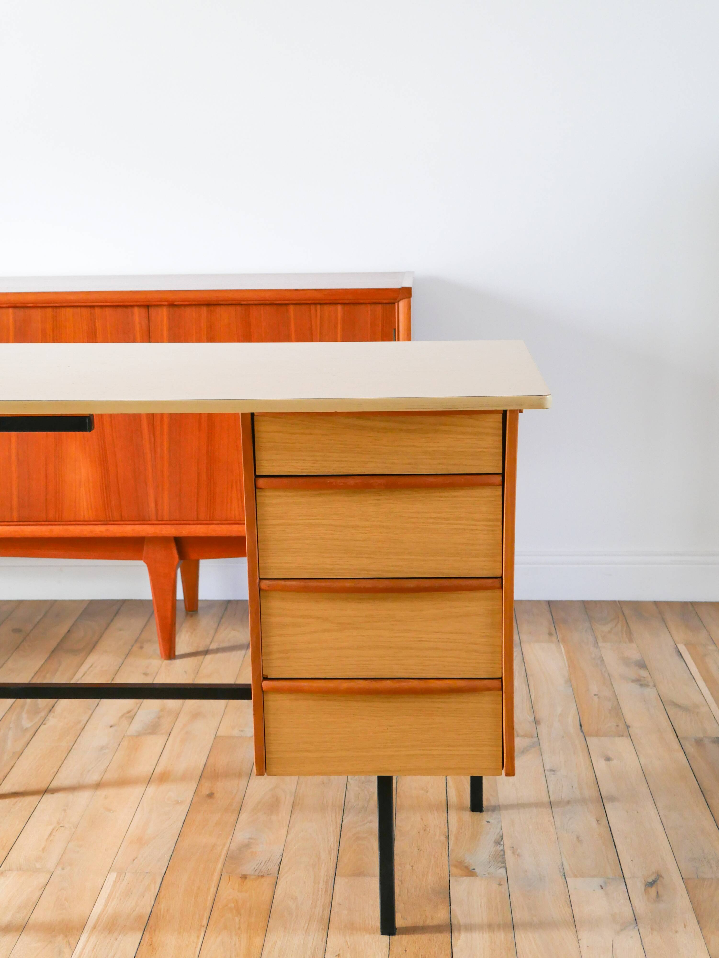 Formica, beech and black metal desk, Modernist Design, 1960