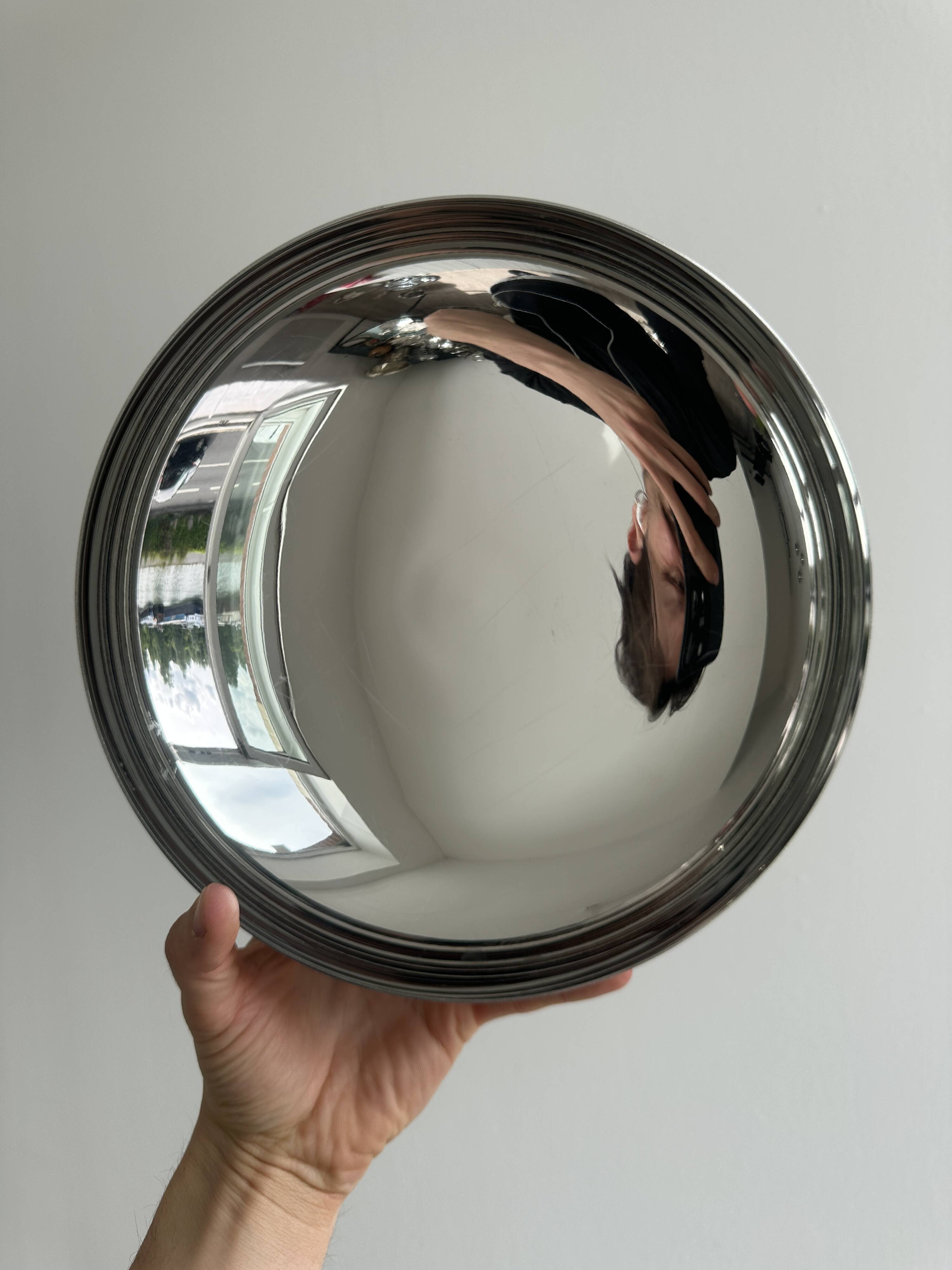 Large silver stainless steel pedestal bowl