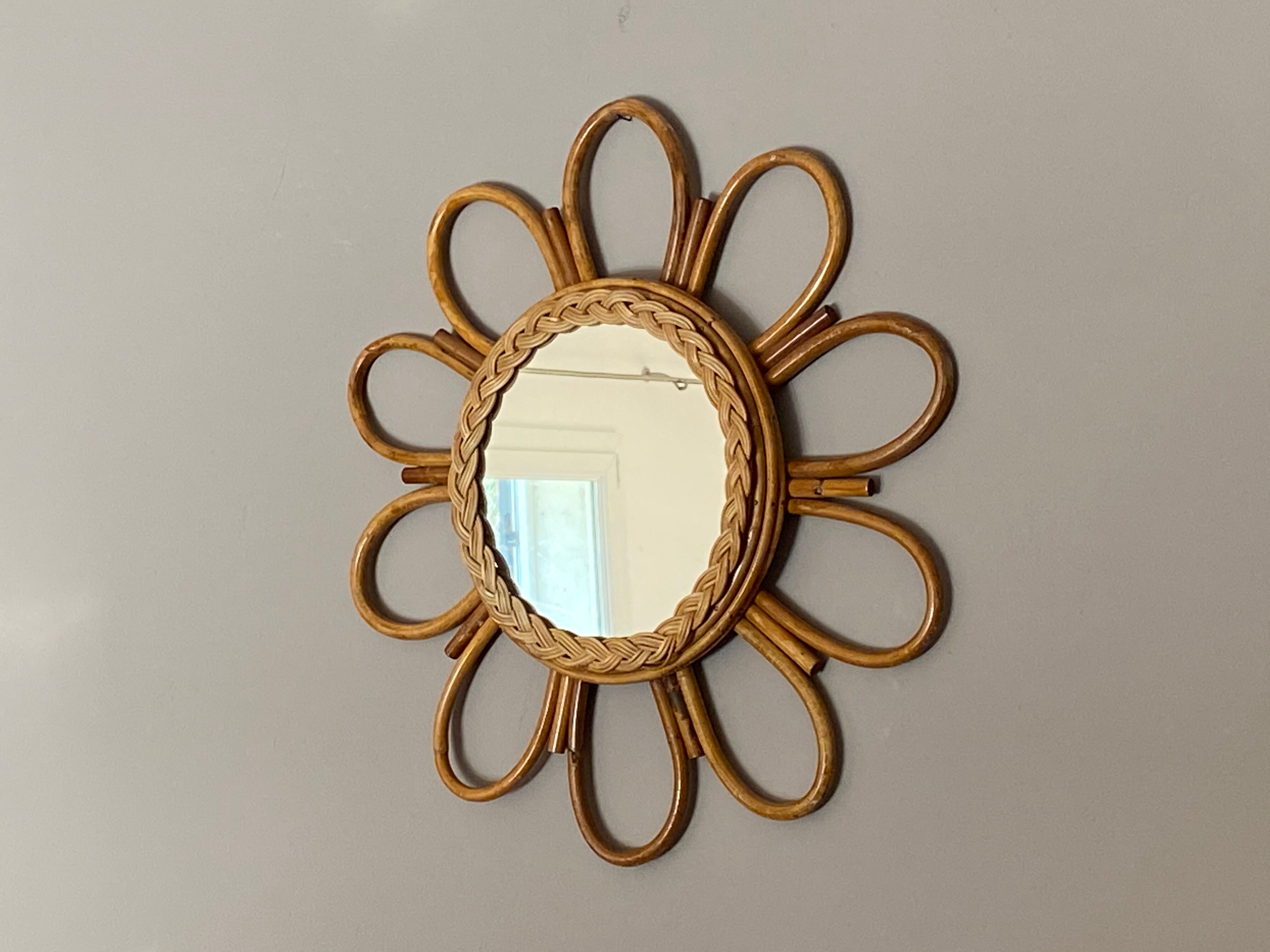 Mirror sun in rattan arched 48cm 1960