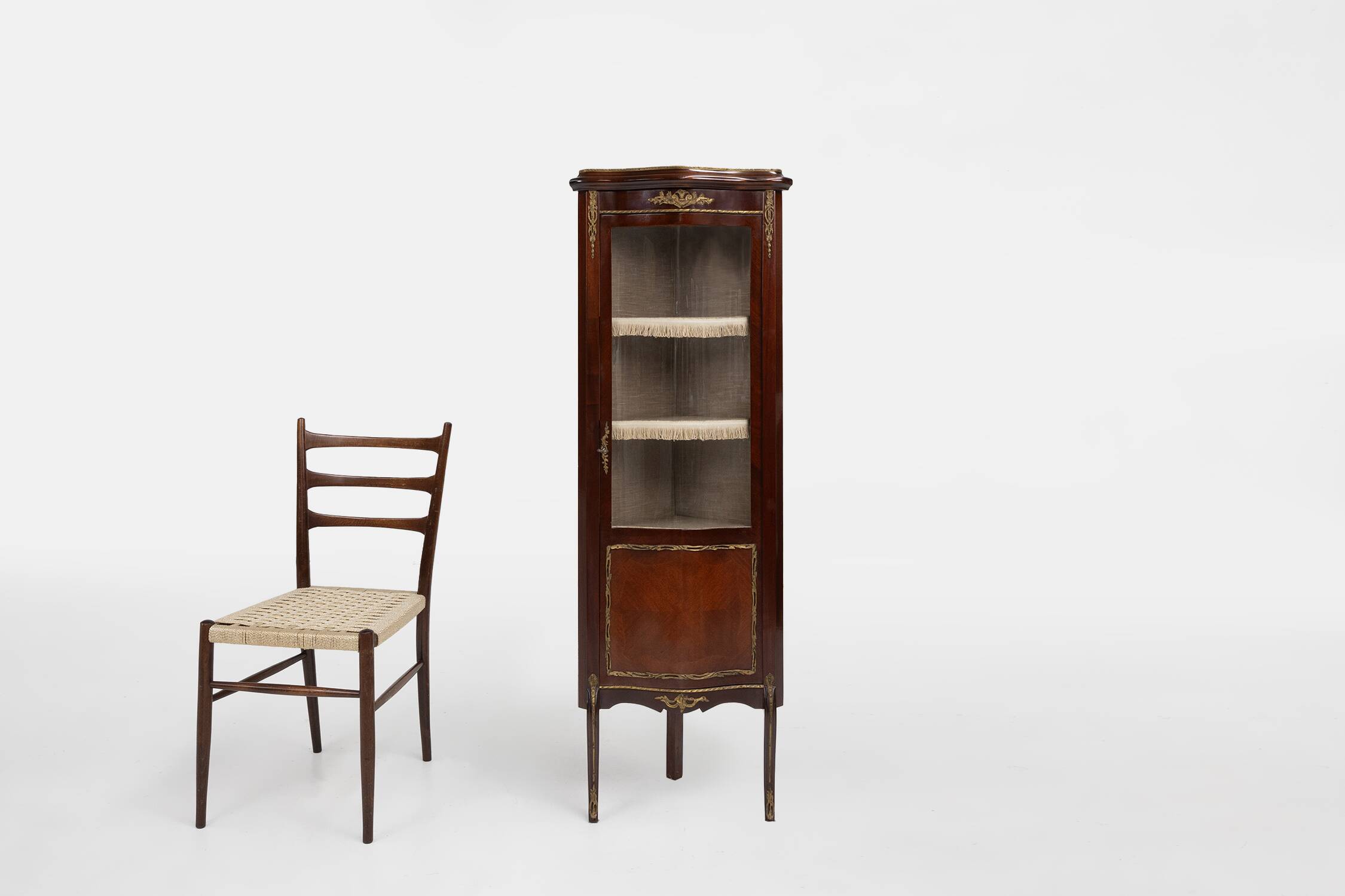 20th Century French Louis XV style corner display cabinet with arched glass, ca 1950