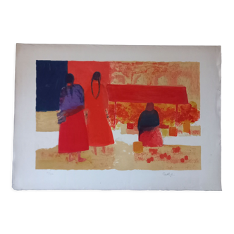 Lithograph by Bernard Cathelin, Mexican Market, 1965