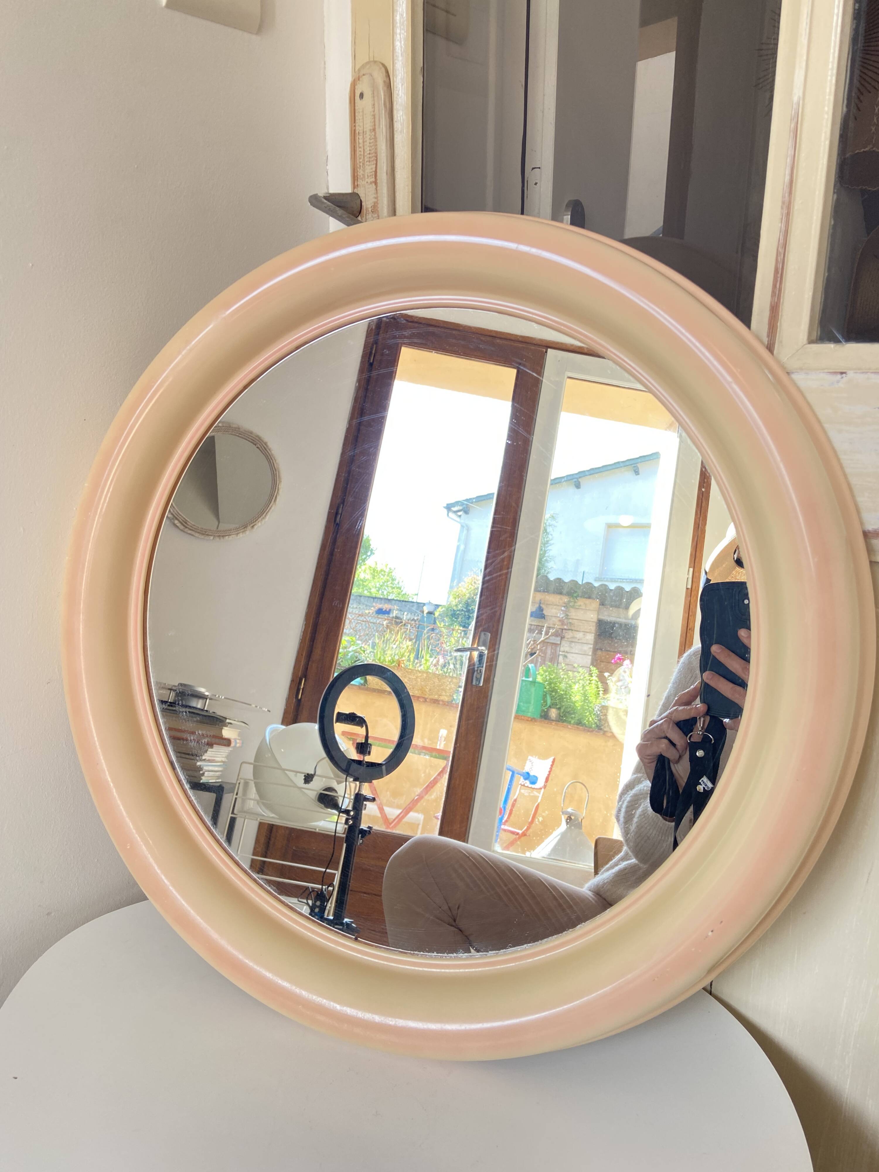 Round Beige and Coral Plastic Wall Mirror from the 70s-80s