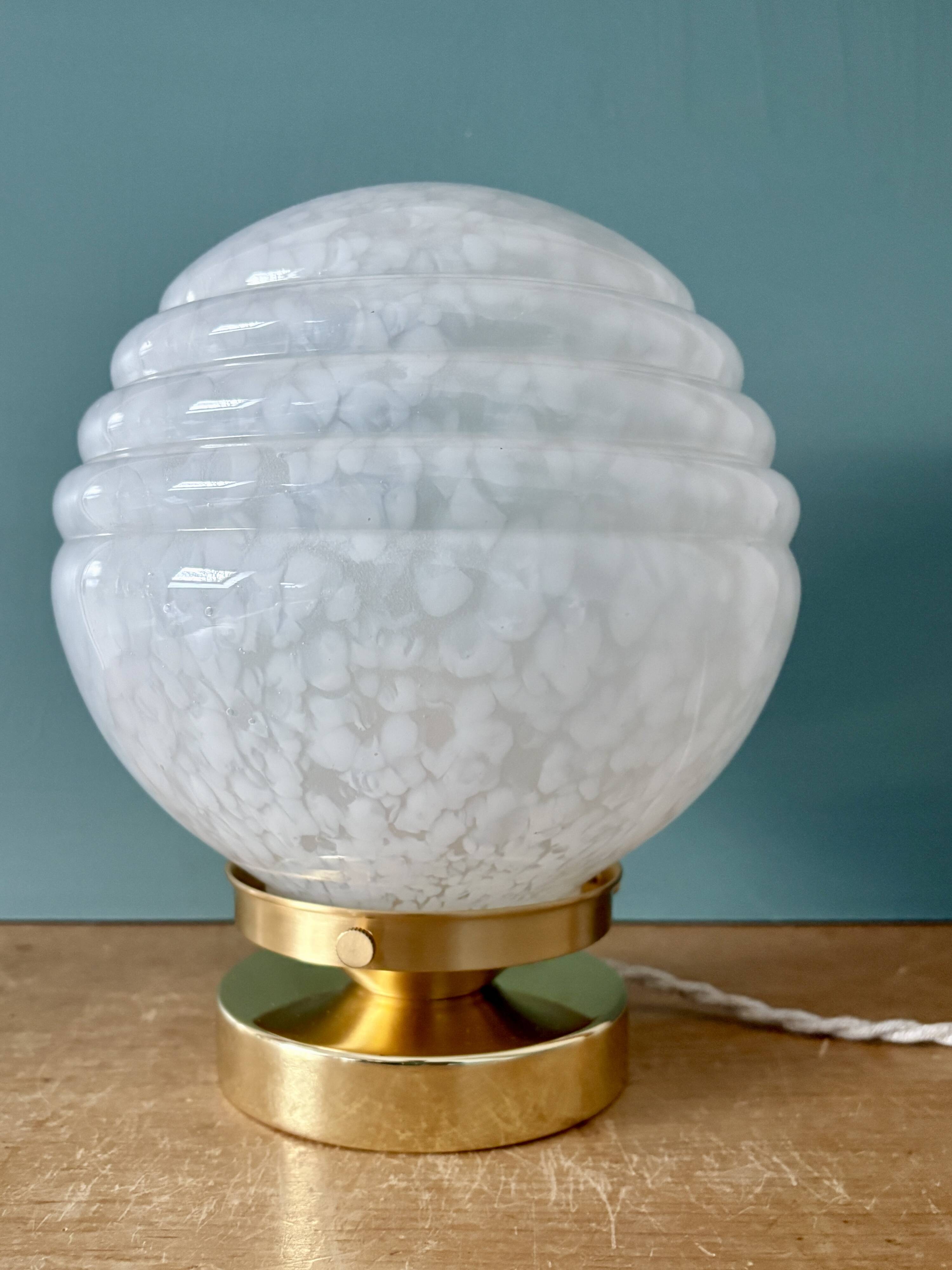 Vintage Art Deco globe table lamp in white Clichy glass
