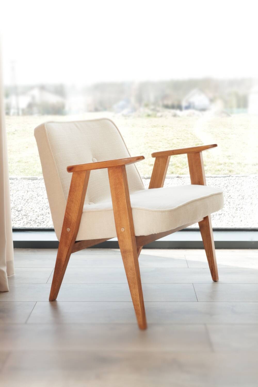 Fauteuil Lounge Vintage Crème Blanche Tissu Bois Naturel Design Scandinave