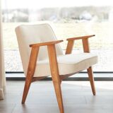 Fauteuil Lounge Vintage Crème Blanche Tissu Bois Naturel Design Scandinave