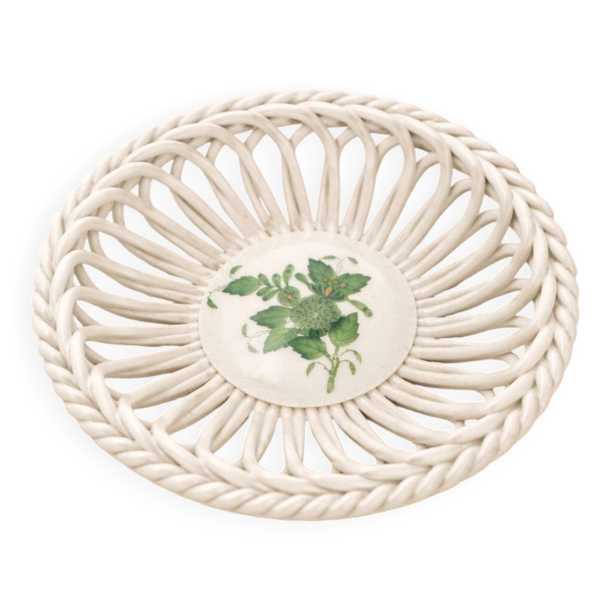 Mini Openwork Basket in Herend Porcelain "Apponyi Green" — Hungary, 19