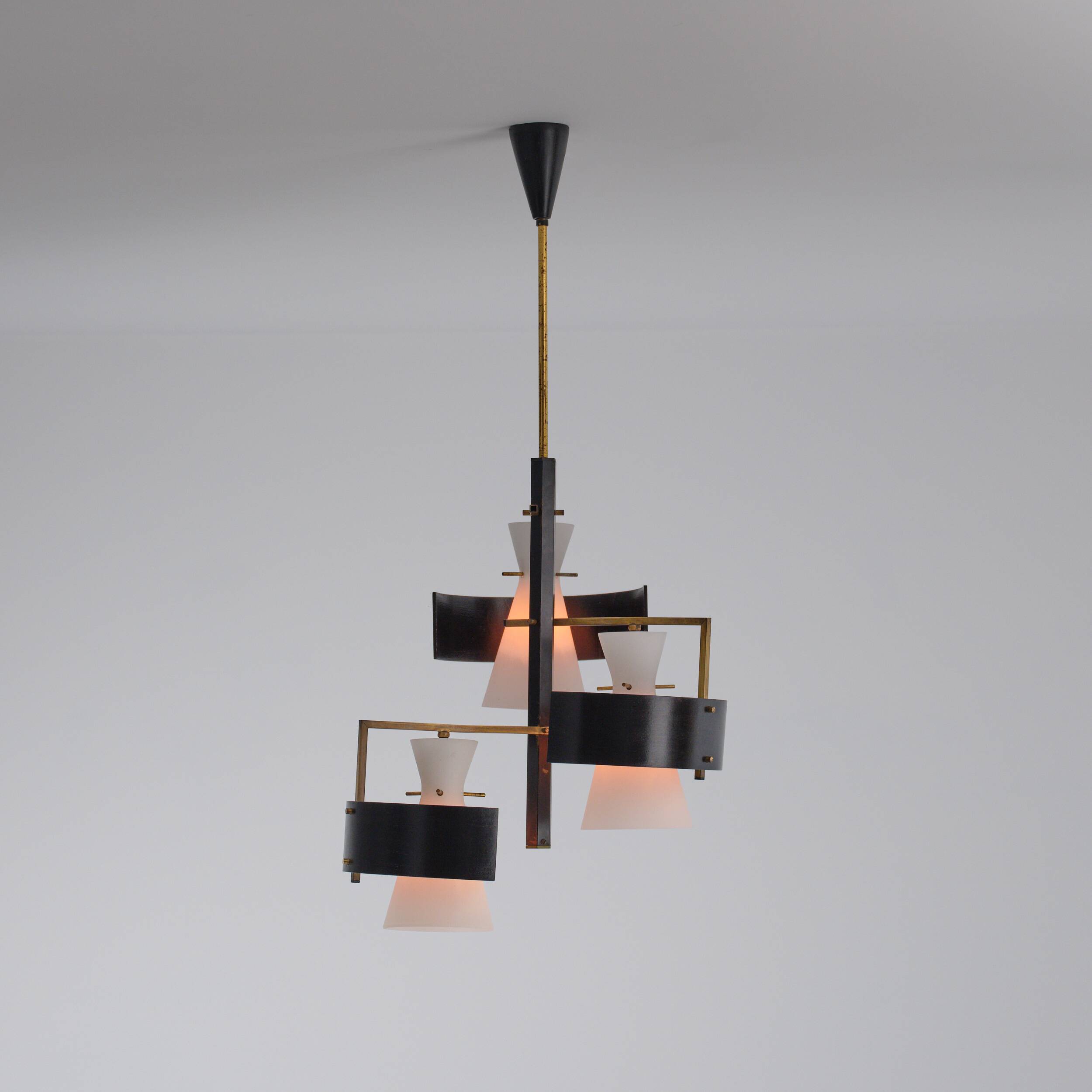 1950s Italian Brass & Black-Lacquered Chandelier with Opaline Glass Shades