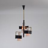 1950s Italian Brass & Black-Lacquered Chandelier with Opaline Glass Shades