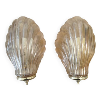 Paire d’appliques murales coquillage – verre italien strié – 1970
