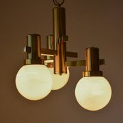 Vintage brass and opaline chandelier, 1970s, in the style of Sciolari.