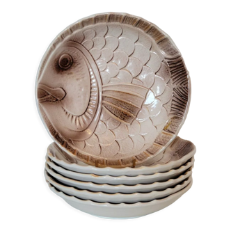 6 hollow plates soup decoration fish in slurry Sarreguemines vintage