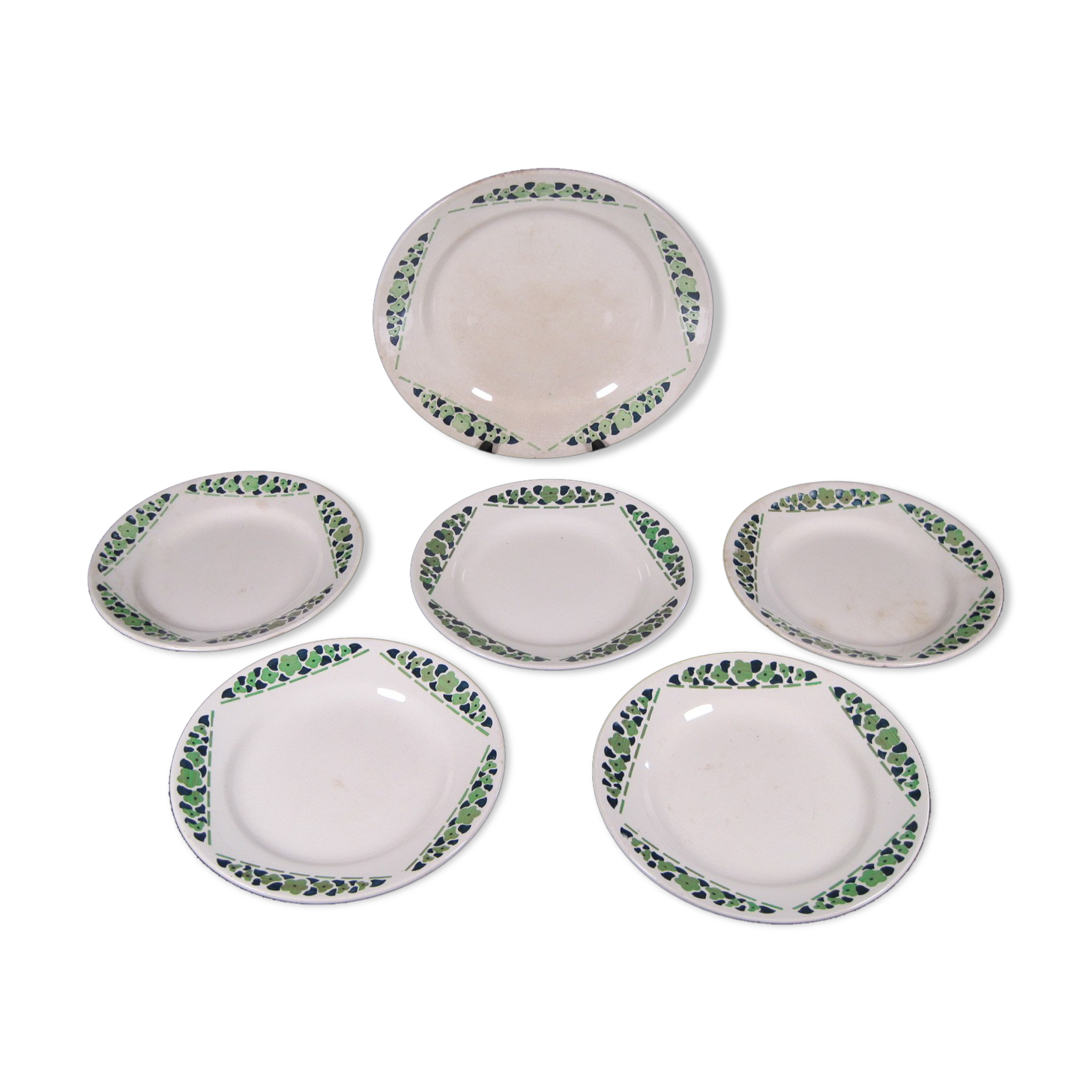 5 plates and a dish faïence de longchamp terre of fer series cannes art deco