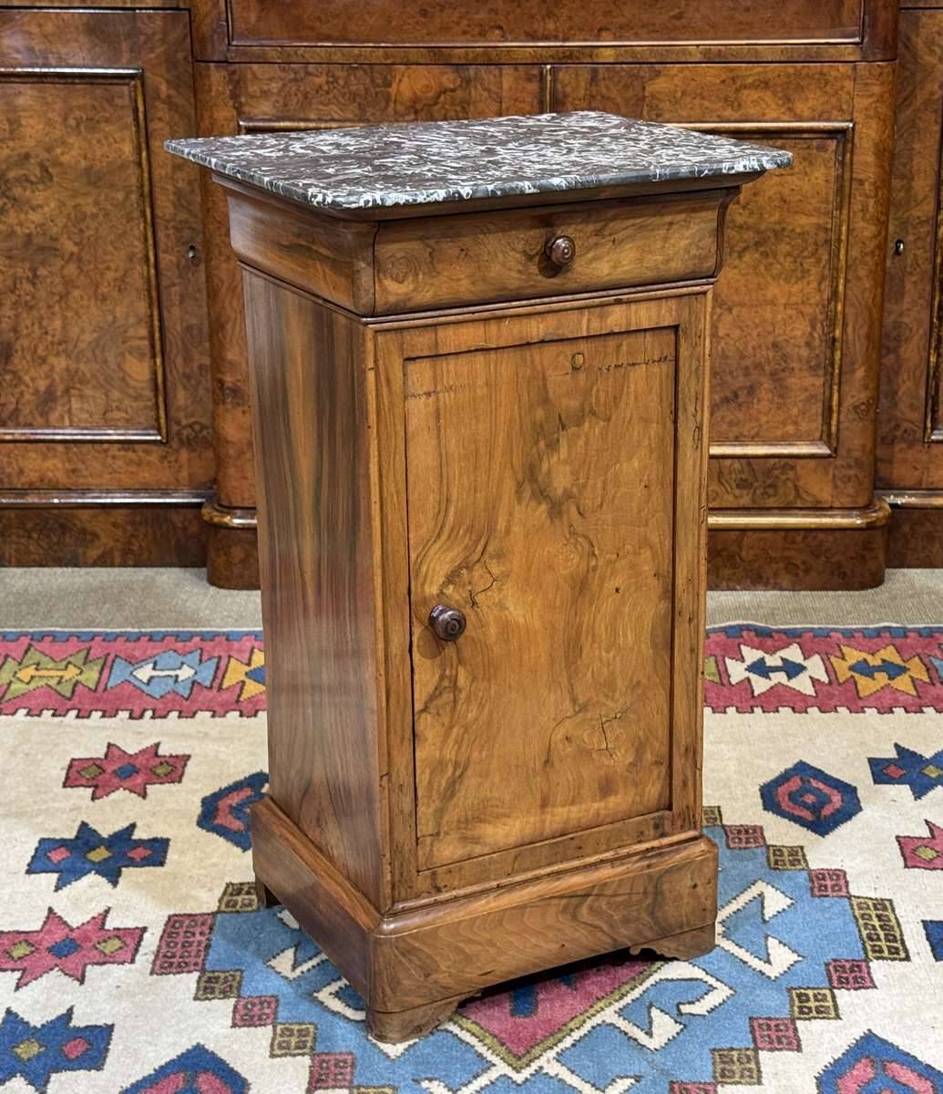 19th-century bedside table in walnut, oak, and marble top.