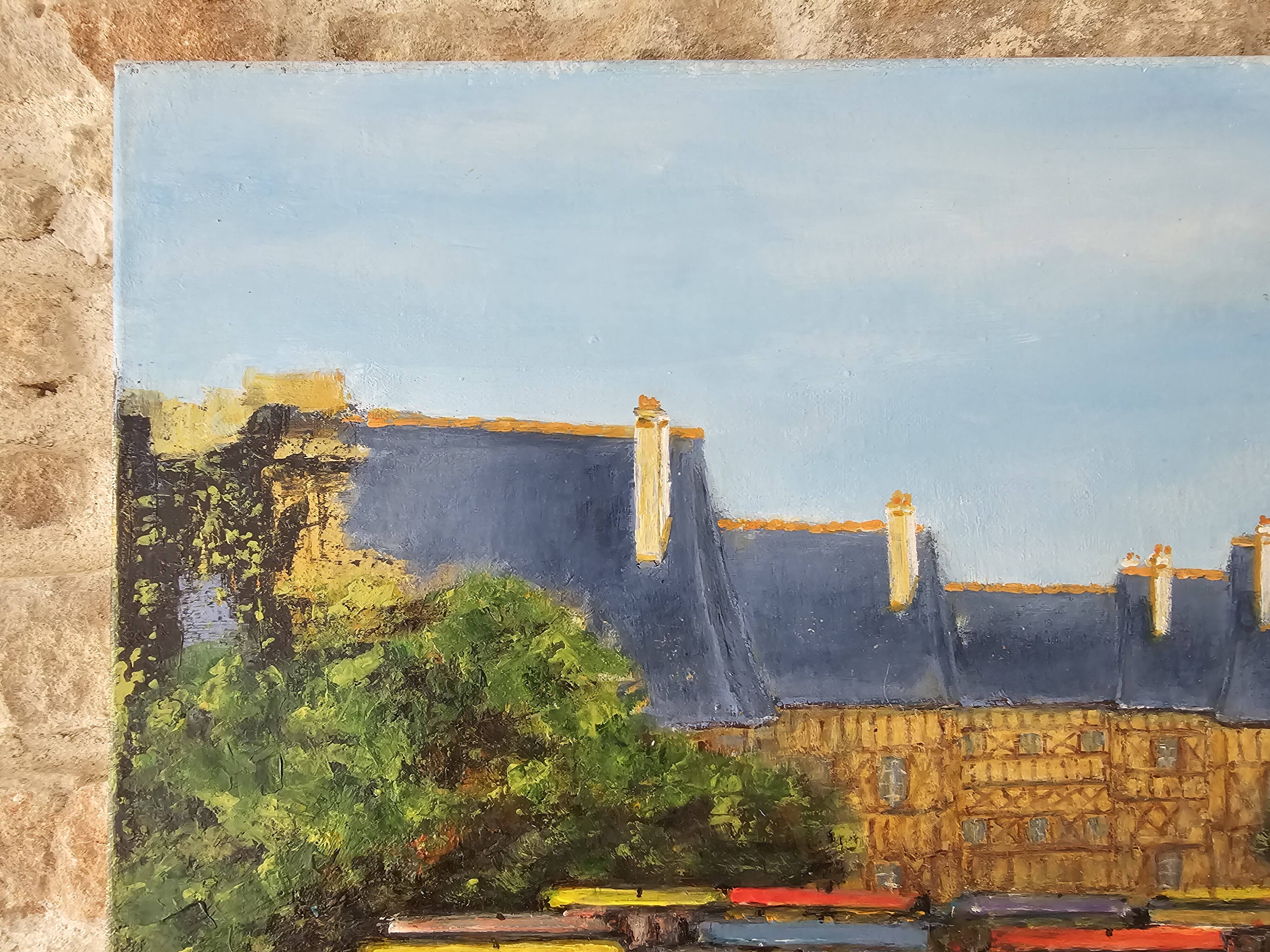 Tableau Huile sur Toile - Paysage marché Breton Signé Chateaugiron