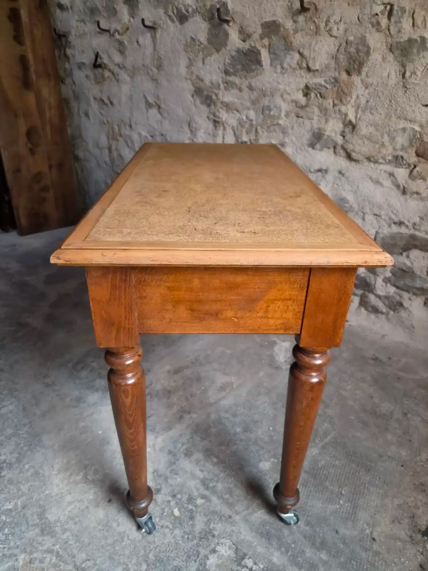 Vintage beech desk with a linoleum top and drawer.