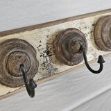 Antique teak coat rack with 3 wrought iron hooks