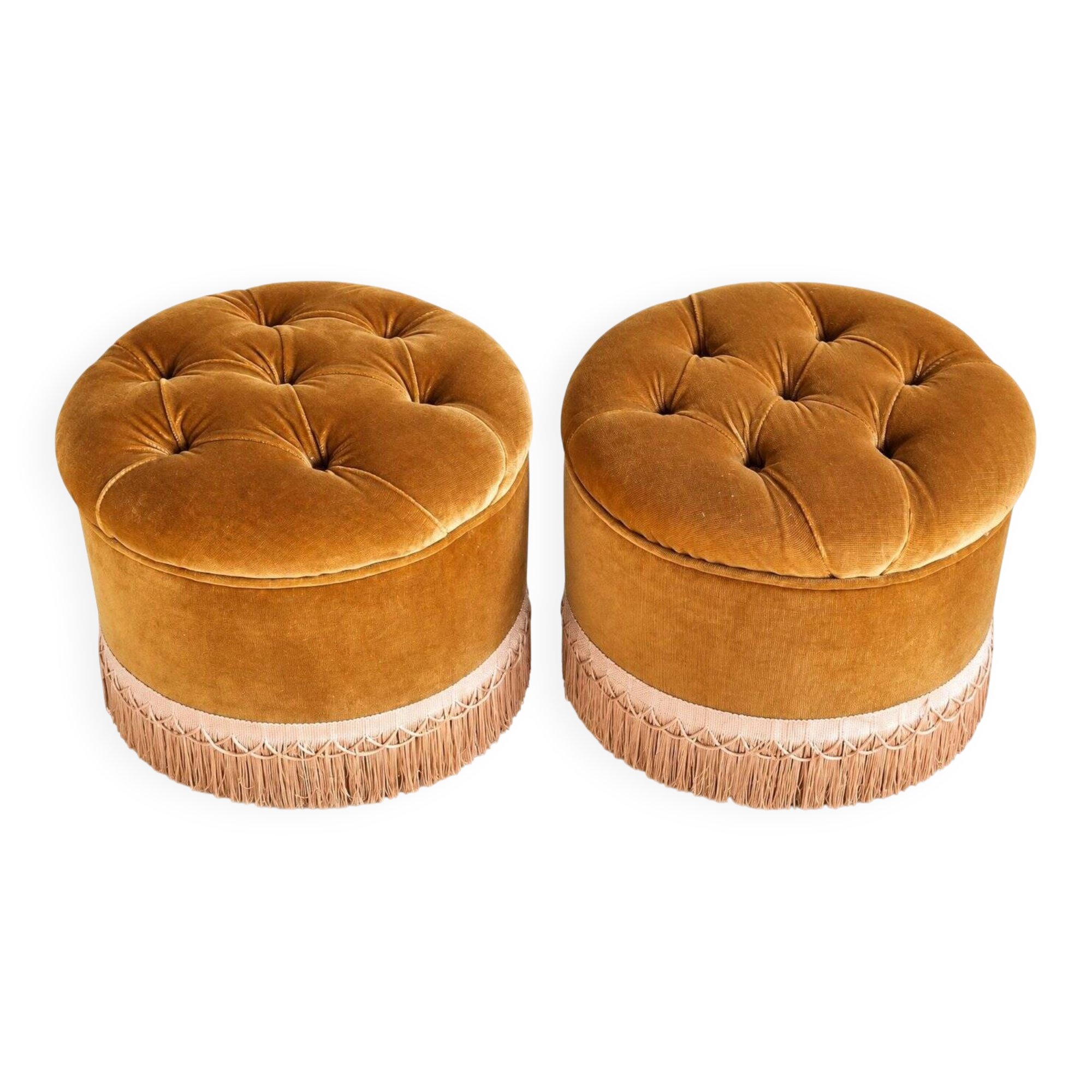 False pair of round Napoleon III poufs in ochre velvet, tufted with fringes.