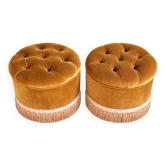 False pair of round Napoleon III poufs in ochre velvet, tufted with fringes.