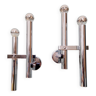 Pair of chromed metal wall lights, design Gaetano Sciolari, 1970s