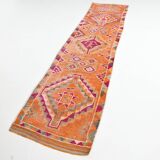 Tapis Kilim Vintage Orange et Rose, Motifs Géométriques, 77x326 Cm