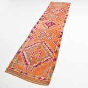 Tapis Kilim Vintage Orange et Rose, Motifs Géométriques, 77x326 Cm