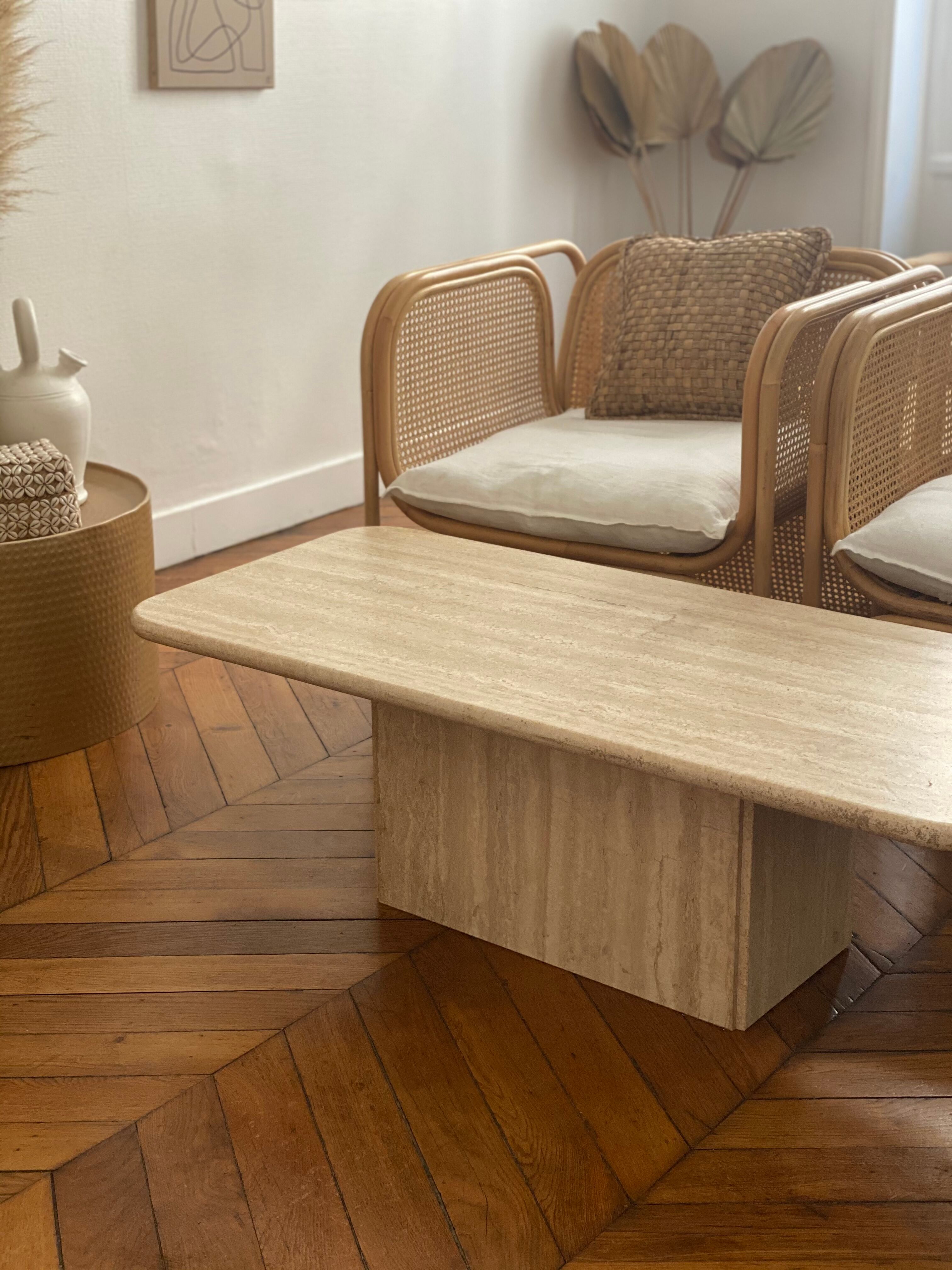 Minimalist design coffee table in unbleached travertine stone