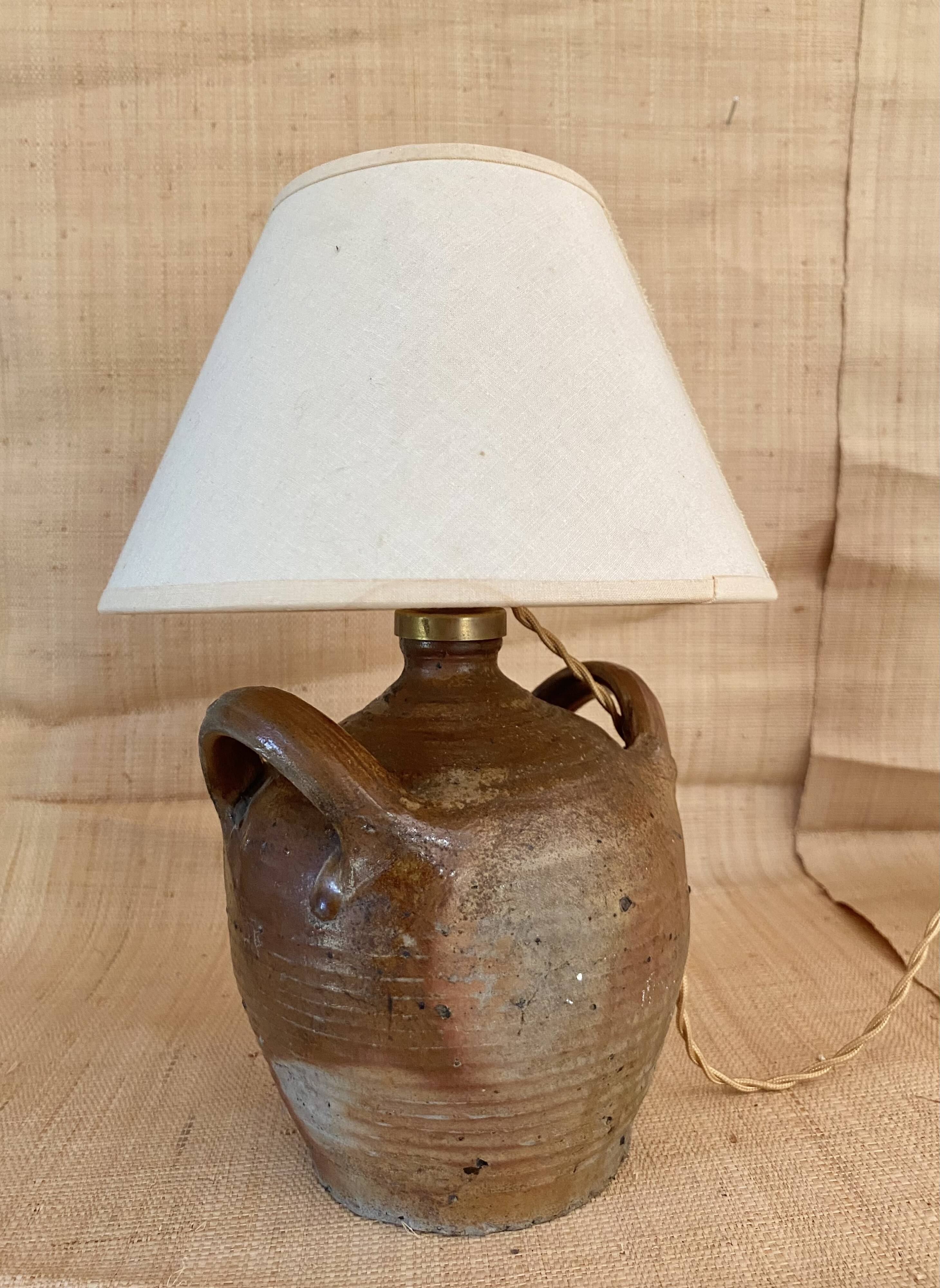 Lampe terre cuite , câble tissu neuf, abat-jour coton